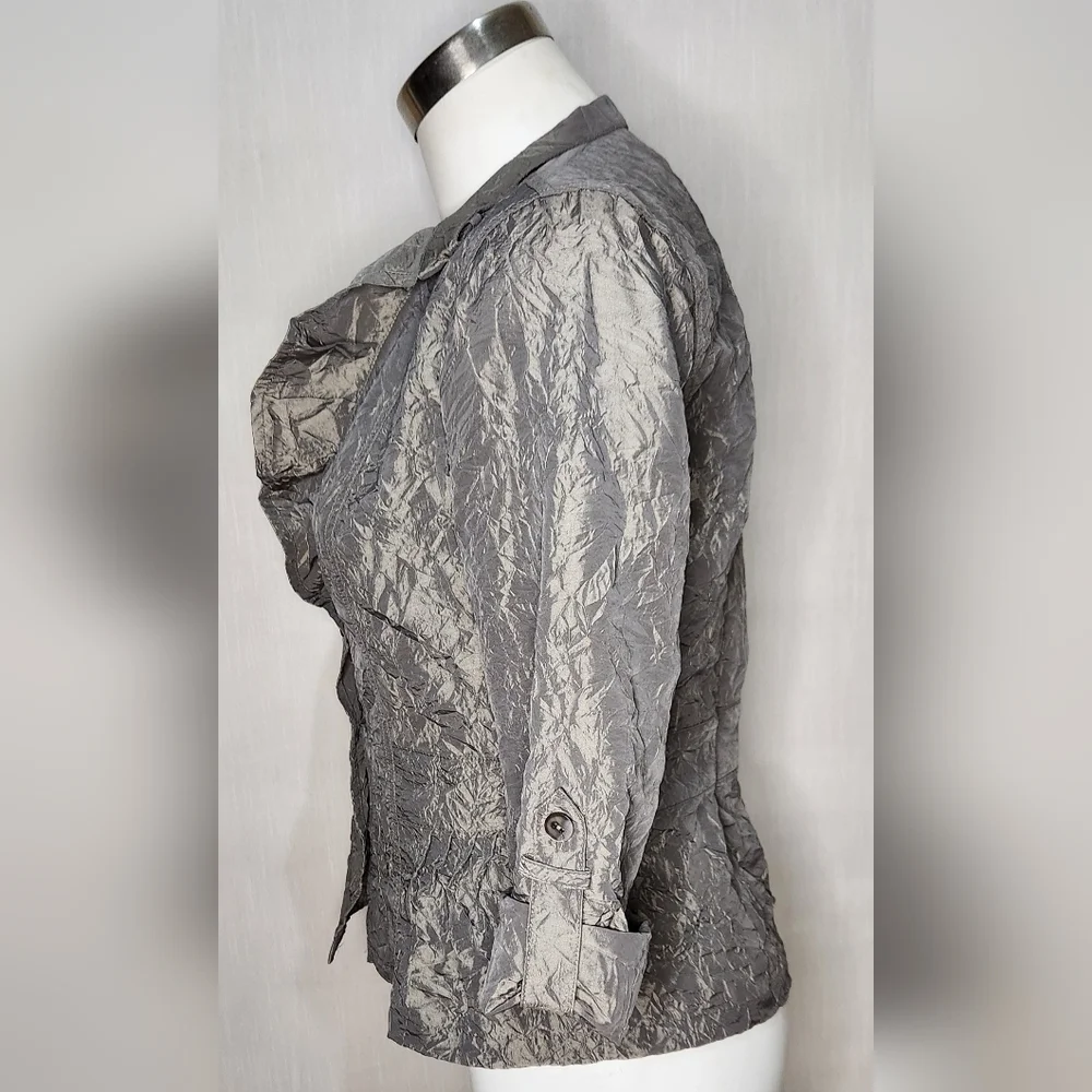 Chicos Jacket Size 0 Crinkled Sheen Jolena 3/4 Sleeve Open Front Egyptian Sand - Picture 3 of 8